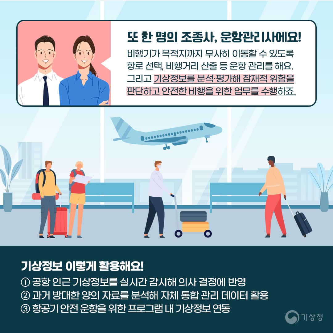 조종사와 운항관리사는 비행 안전을 위해 항로 선택과 비행거리 산출을 수행하며, 기상정보를 분석해 위험을 판단. 공항 인근 기상정보를 실시간 감시하고, 과거 자료를 분석해 통합관리 데이터 활용. 항공기 안전운항을 위한 프로그램에 기상정보 연동.