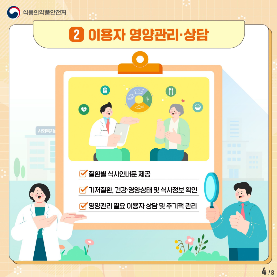 식품의약품안전처는 이용자의 영양관리를 위해 기저질환과 건강 상태에 따른 식사안내문을 제공하고, 영양 관리가 필요한 이용자에게 상담과 주기적인 관리를 실시하는 시스템 운영.