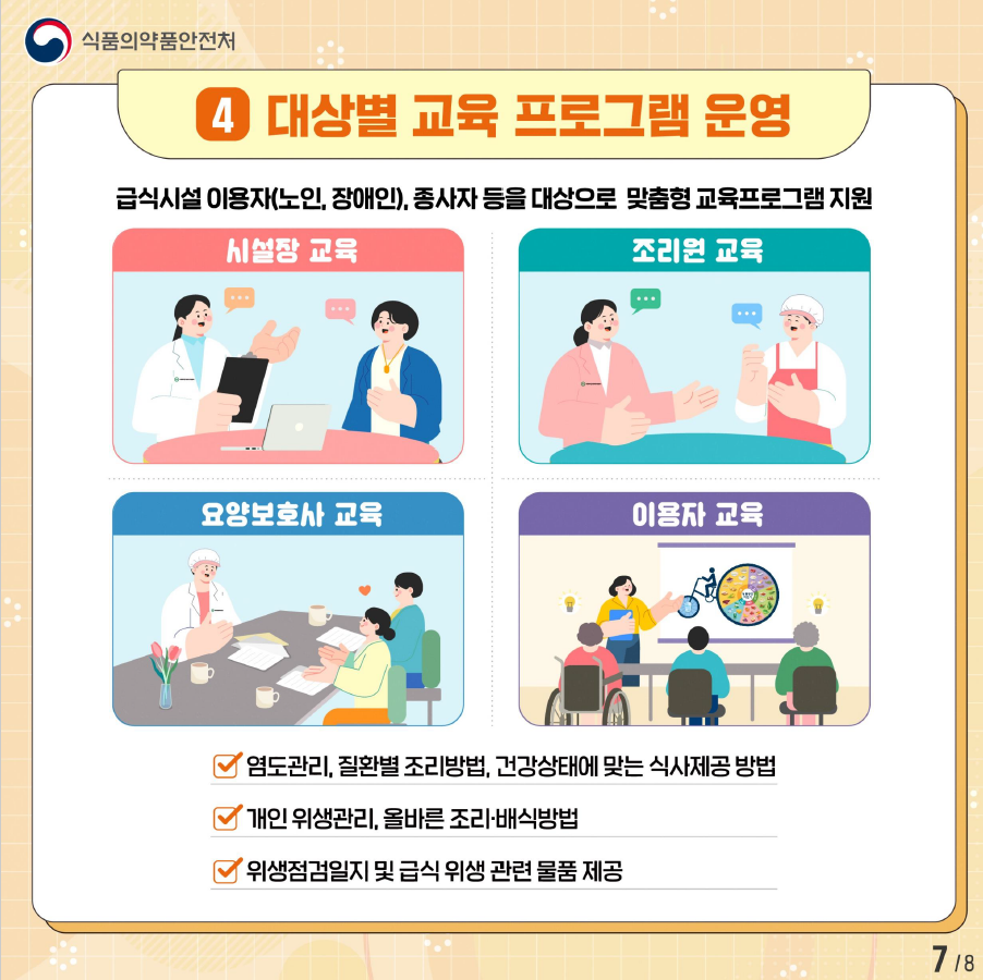 식품의약품안전처는 급식시설 이용자와 종사자를 위한 맞춤형 교육 프로그램을 운영하며, 시설장, 조리원, 요양보호사, 이용자 교육을 포함. 염도 관리, 질환별 조리법, 개인 위생 관리, 올바른 조리 및 배식 방법 교육 제공. 위생 점검 일지 및 급식 위생 관련 물품 지원.