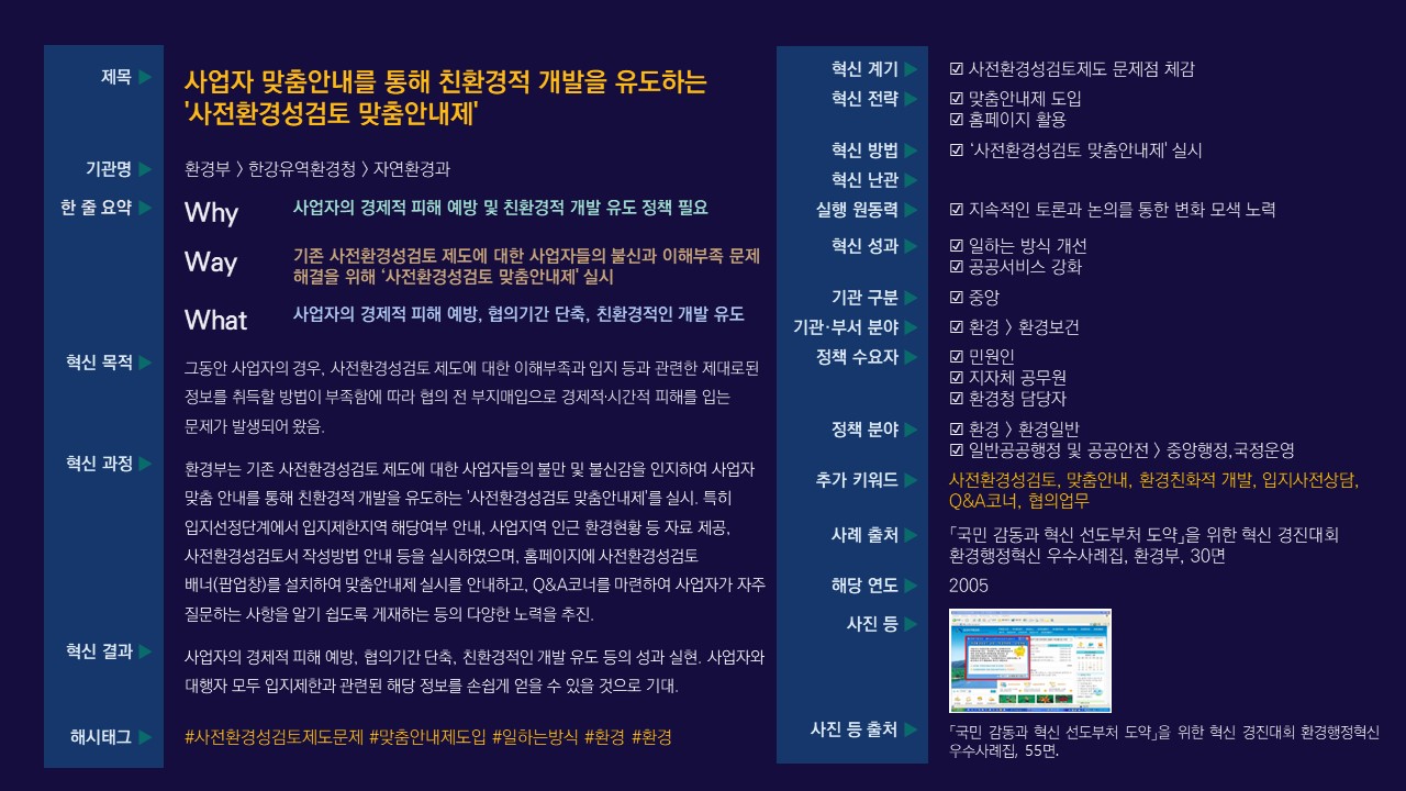 '사전환경성검토 맞춤안내제'는 사업자의 경제적 피해 예방과 친환경적 개발 유도를 목표로 한 혁신적 접근 방식. 기존 제도에 대한 불신과 이해 부족 문제를 해결하기 위해 맞춤형 안내 제공, 입지선정 단계에서의 정보 지원, 홈페이지 활용 등을 통해 사업자에게 필요한 정보를 제공. 이를 통해 협의 기간 단축과 친환경 개발 촉진을 도모하는 노력.