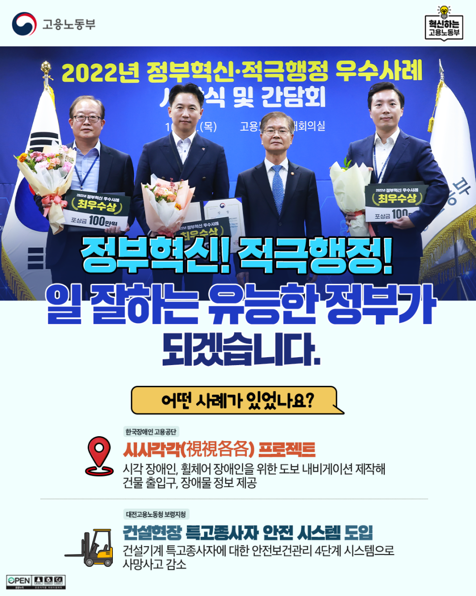 고용노동부의 2022년 정부혁신적극행정 우수사례로 한국장애인고용공단의 시각장애인과 휠체어 장애인을 위한 도보 내비게이션 제작, 대전고용노동청 보령지청의 건설현장 특고종사자 안전 시스템 도입이 소개됨. 내비게이션은 건물 출입구와 장애물 정보를 제공하며, 안전 시스템은 건설기계 특고종사자의 사망사고를 감소시키는 효과를 목표로 함. 이러한 사례들은 정부의 혁신과 적극행정을 통해 유능한 정부를 지향하는 노력의 일환으로 나타남.
