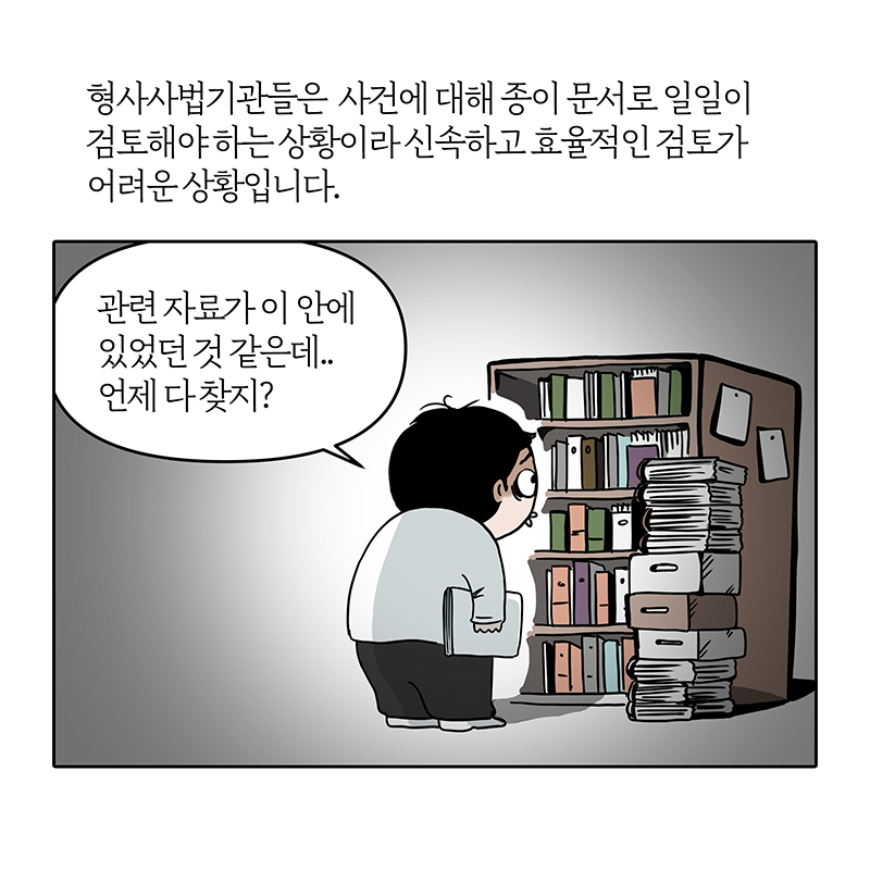 형사사법기관들이 사건을 종이 문서로 검토해야 하는 상황, 신속하고 효율적인 검토의 어려움, 관련 자료의 위치에 대한 불확실성, 언제 모든 자료를 찾을 수 있을지에 대한 고민.