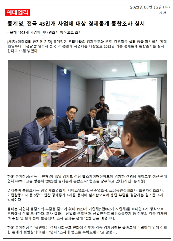 2023년 6월 15일부터 7월 21일까지 통계청이 전국 45만개 사업체를 대상으로 경제통계 통합조사를 실시함. 이번 조사는 광업, 제조업, 서비스업 등 6종의 연간 경제통계조사를 동시에 진행하여 응답 부담을 줄이는 원스톱 방식으로 진행됨. 1923개 기업체는 비대면조사 방식으로 조사되며, 결과는 산업 구조 변화와 정부 경제정책 수립에 활용될 예정. 조사 결과는 12월에 공표됨.