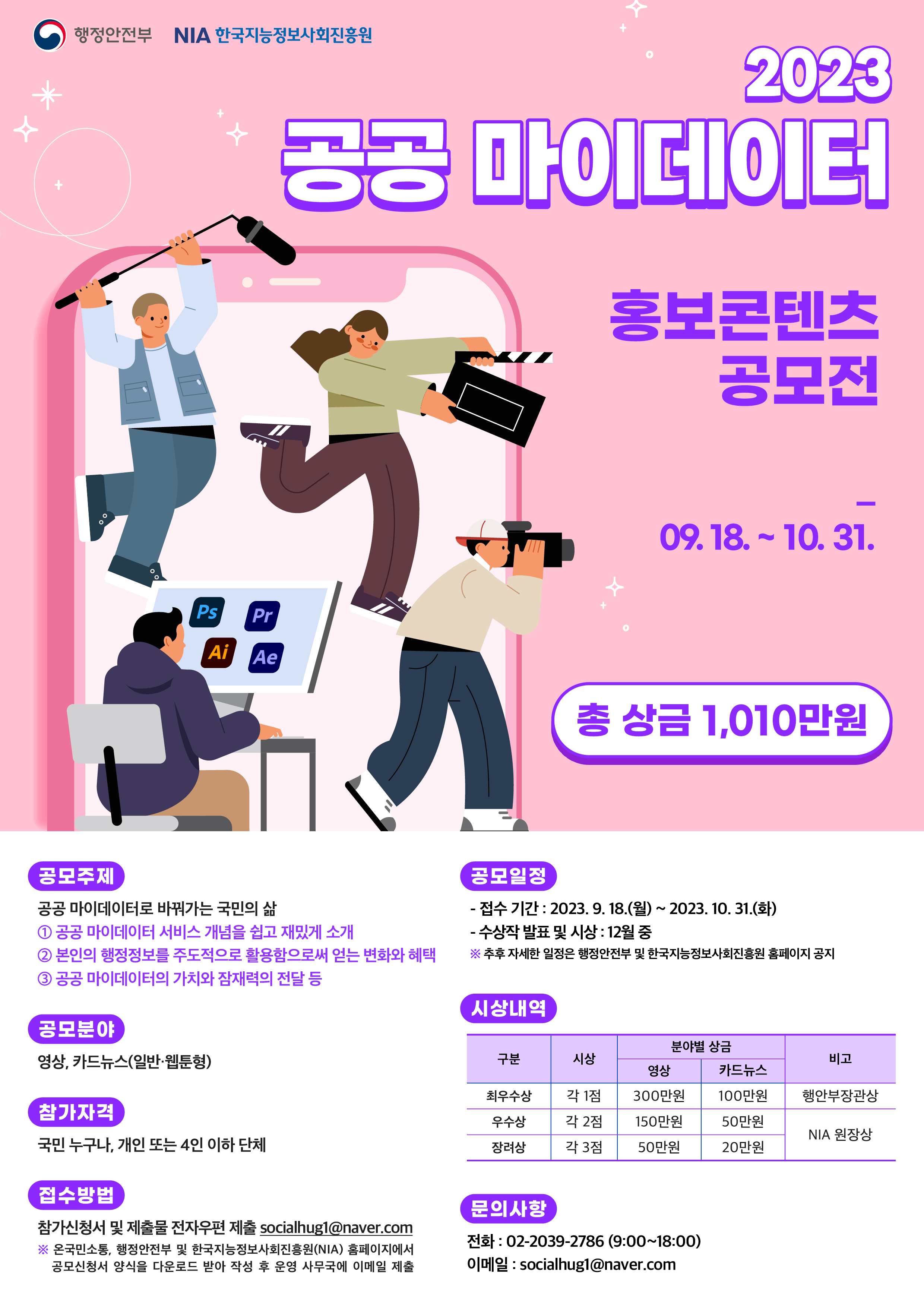 행정안전부와 NIA가 주최하는 2023 공공 마이데이터 홍보콘텐츠 공모전, 접수기간 9월 18일부터 10월 31일까지, 주제는 '공공 마이데이터로 바꿔가는 국민의 삶', 영상 및 카드뉴스 분야, 개인 또는 4인 이하 단체 참여 가능, 총 상금 1,010만원, 최우수상 300만원, 우수상 100만원, 장려상 50만원 등, 문의는 전화 및 이메일로 가능.