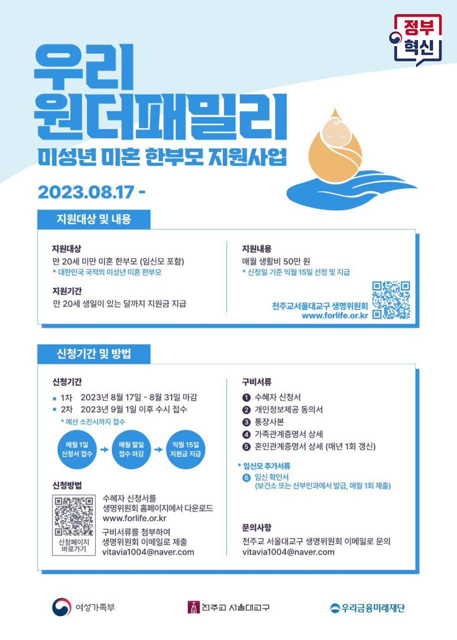 만 20세 미만 미혼 한부모를 위한 지원사업, 2023년 8월 17일부터 시작, 정부의 지원으로 매월 50만원 지급. 신청은 1차 8월 31일까지, 2차는 9월 1일부터 수시 접수, 예산 소진 시까지 가능. 구비서류로 신청서, 통장사본, 가족관계증명서, 혼인관계증명서, 임신확인서 필요. 신청은 생명위원회 홈페이지에서 가능, 문의는 이메일로.