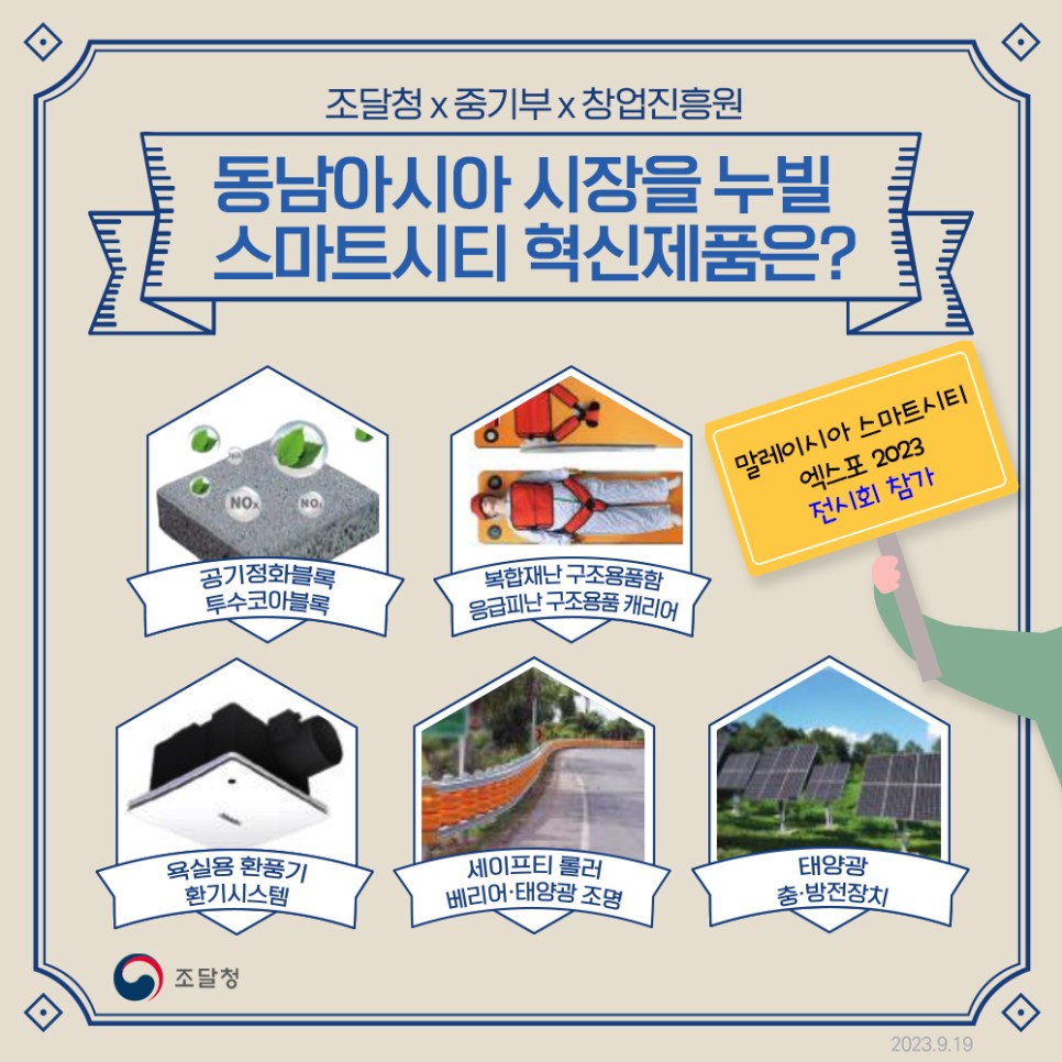 조달청, 중기부, 창업진흥원이 협력하여 동남아시아 시장을 겨냥한 스마트시티 혁신제품을 선보임. 말레이시아 스마트시티와 관련된 엑스포 2023에 참가하여 공기정화블록, 투수코아블록, 응급피난구조용품 캐리어, 복합재난구조용품함, 욕실용환풍기, 환기시스템, 세이프티롤러, 베리어·태양광조명, 태양광 충·방전장치 등의 제품을 전시함.