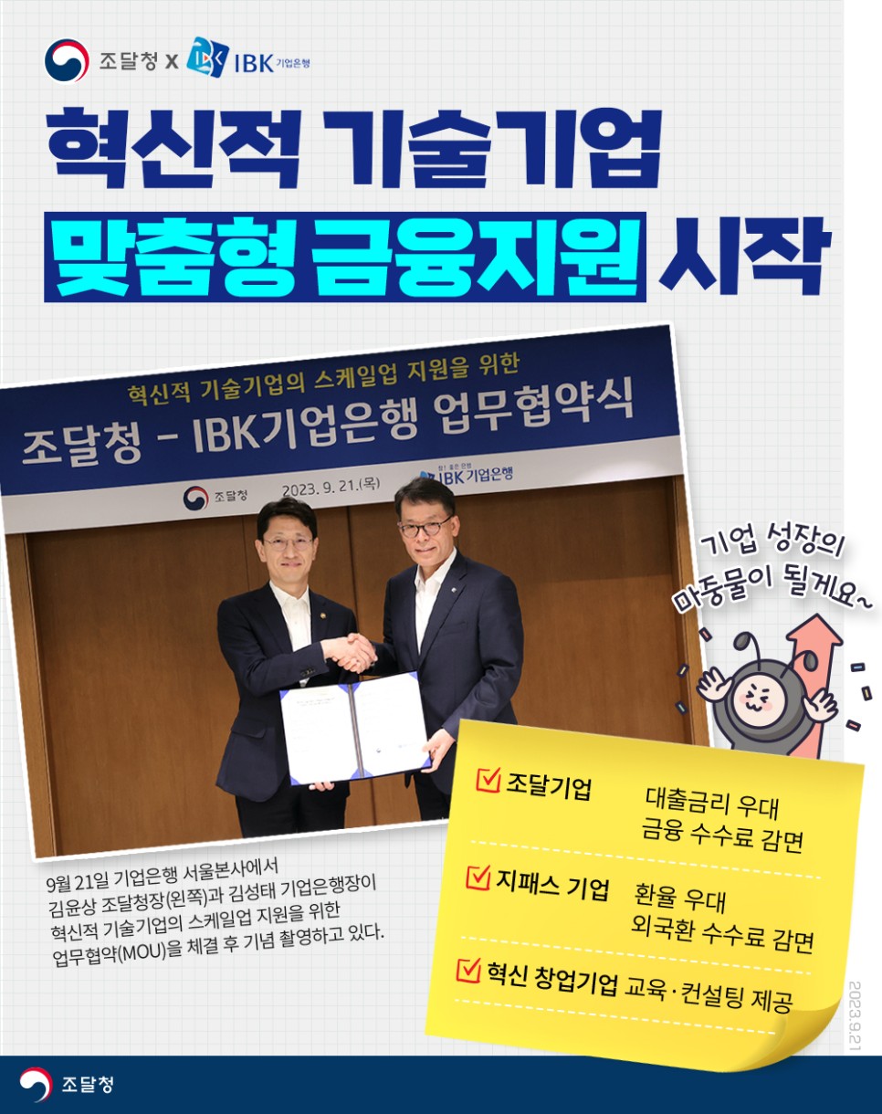 조달청과 IBK 기업은행이 혁신적 기술기업의 스케일업 지원을 위한 업무협약을 체결함. 협약식은 2023년 9월 21일 기업은행 서울본사에서 진행됨. 조달기업에 대한 대출금리 우대와 금융 수수료 감면, 지패스 기업의 환율 우대 및 외국환 수수료 감면, 혁신 창업기업에 대한 교육 및 컨설팅 제공 등의 내용 포함됨. 조달청과 IBK 기업은행이 혁신적 기술기업의 스케일업 지원을 위한 업무협약을 체결함. 협약식은 2023년 9월 21일 기업은행 서울본사에서 진행됨. 조달기업에 대한 대출금리 우대와 금융 수수료 감면, 지패스 기업의 환율 우대 및 외국환 수수료 감면, 혁신 창업기업에 대한 교육 및 컨설팅 제공 등의 내용 포함됨.