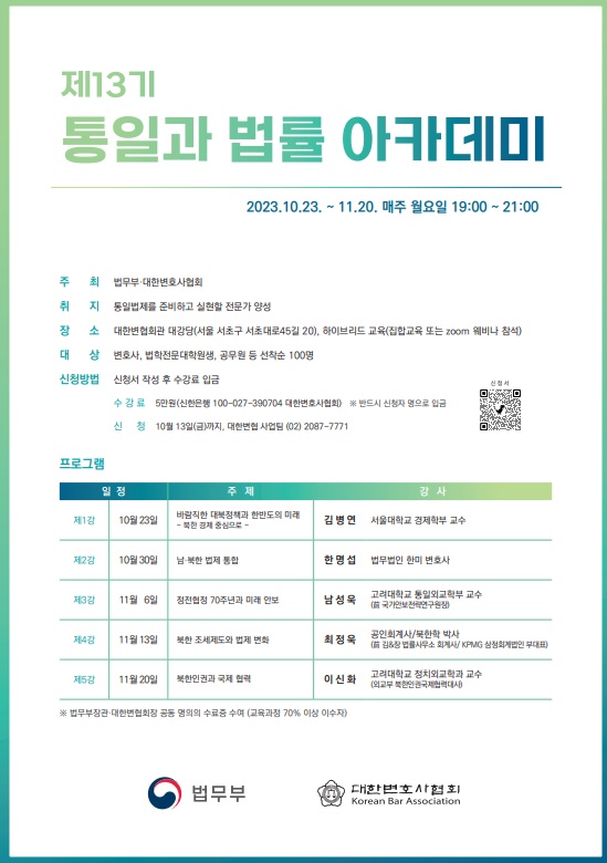 제13기 통일과 법률 아카데미가 법무부와 대한변호사협회 주최로 2023년 10월 23일부터 11월 20일까지 매주 월요일 저녁에 진행됨. 목표는 동일법제를 준비하고 실현할 전문가 양성. 장소는 대한변협회관 대강당이며, 하이브리드 교육 방식으로 운영됨. 변호사, 법학전문대학원생, 공무원 등 100명 선착순 모집. 수강료는 5만원이며, 신청은 10월 13일까지 가능. 강의 주제는 대북정책, 남북한 법제 통합, 정전협정, 북한 조세제도, 북한인권 등으로 구성됨. 수료자는 법무부장관과 대한변협회장 공동 명의의 수료증 수여.