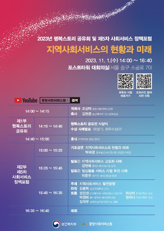 2023년 11월 1일, 서울 포스트타워에서 '행복스토리 공유회 및 제5차 사회서비스 정책포럼'이 개최됨. 개회사와 축사 후 행복스토리 공모전 시상식 진행, 수상 사례 발표 포함. 기조강연에서는 지역사회서비스의 현황과 미래에 대한 논의가 이루어짐. 이어서 사회서비스 정책포럼에서 일상돌봄 서비스 사업 추진 사례 발표 및 지역사회서비스 발전 방향에 대한 토론 진행. 폐회로 마무리됨.