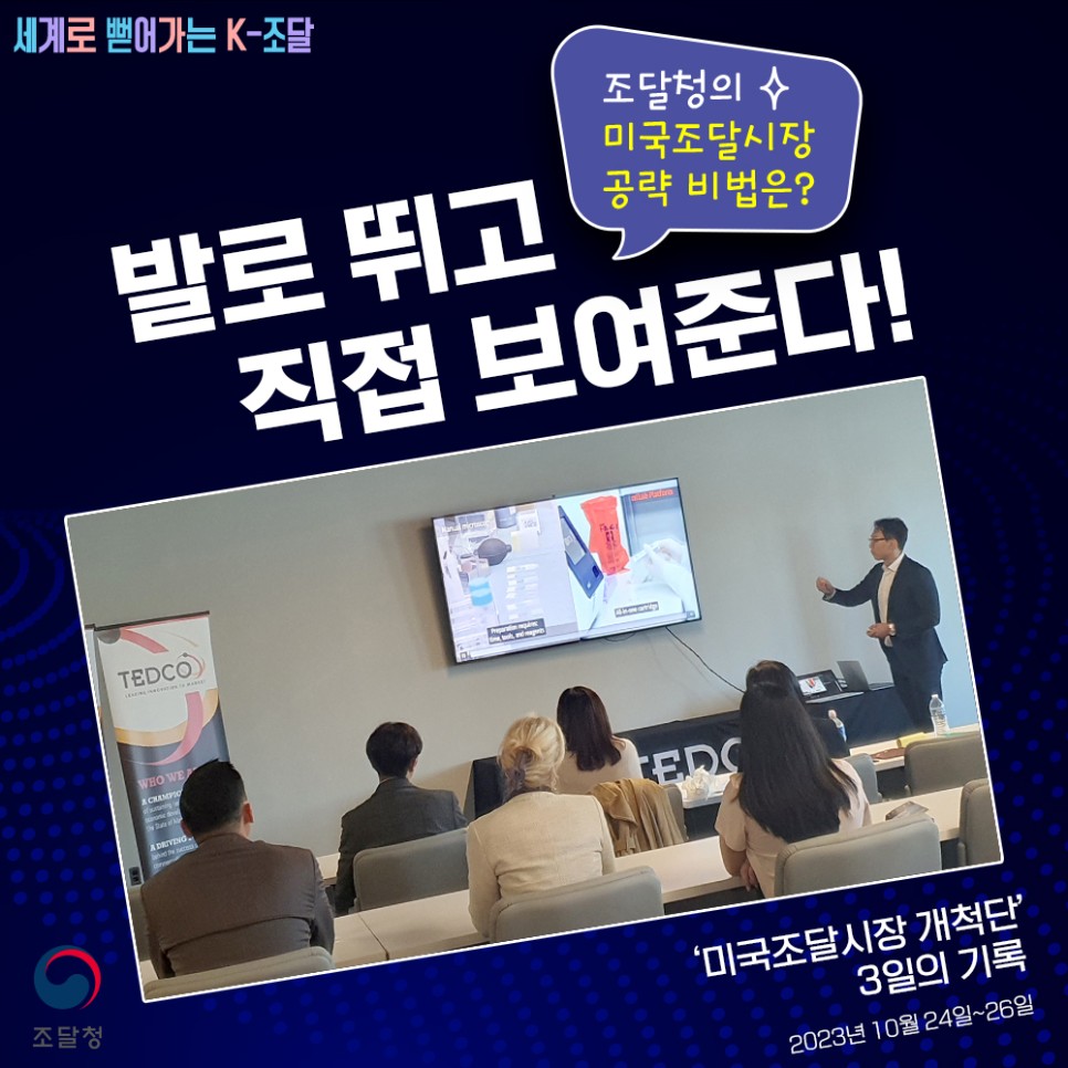 조달청의 K-조달 세계 진출, 발로 뛰는 노력과 미국 조달시장 공략 비법 공개, TEDCO와의 협력, '미국조달시장개척단'의 3일간의 활동 기록, 2023년 10월 24일부터 26일까지 진행된 행사, 조달청의 글로벌 전략과 성과, K-조달의 미래 가능성 탐색, 다양한 기업과의 네트워킹 기회 제공, 미국 시장에서의 경쟁력 강화 목표.