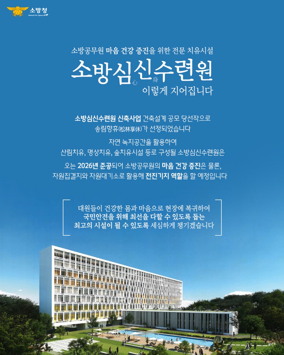 소방청이 소방공무원의 마음 건강 증진을 위해 소방심신수련원을 신축한다는 소식. 송림향휴가 건축설계 공모에서 당선되어 자연녹지공간을 활용한 산림치유, 명상치유, 숲치유시설로 구성될 예정. 2026년 준공 후 소방공무원의 마음 건강 증진과 자원집결지 역할을 수행할 계획. 대원들이 건강한 몸과 마음으로 현장에 복귀하여 국민안전을 위해 최선을 다할 수 있도록 지원하는 최고의 시설이 될 것이라는 기대.