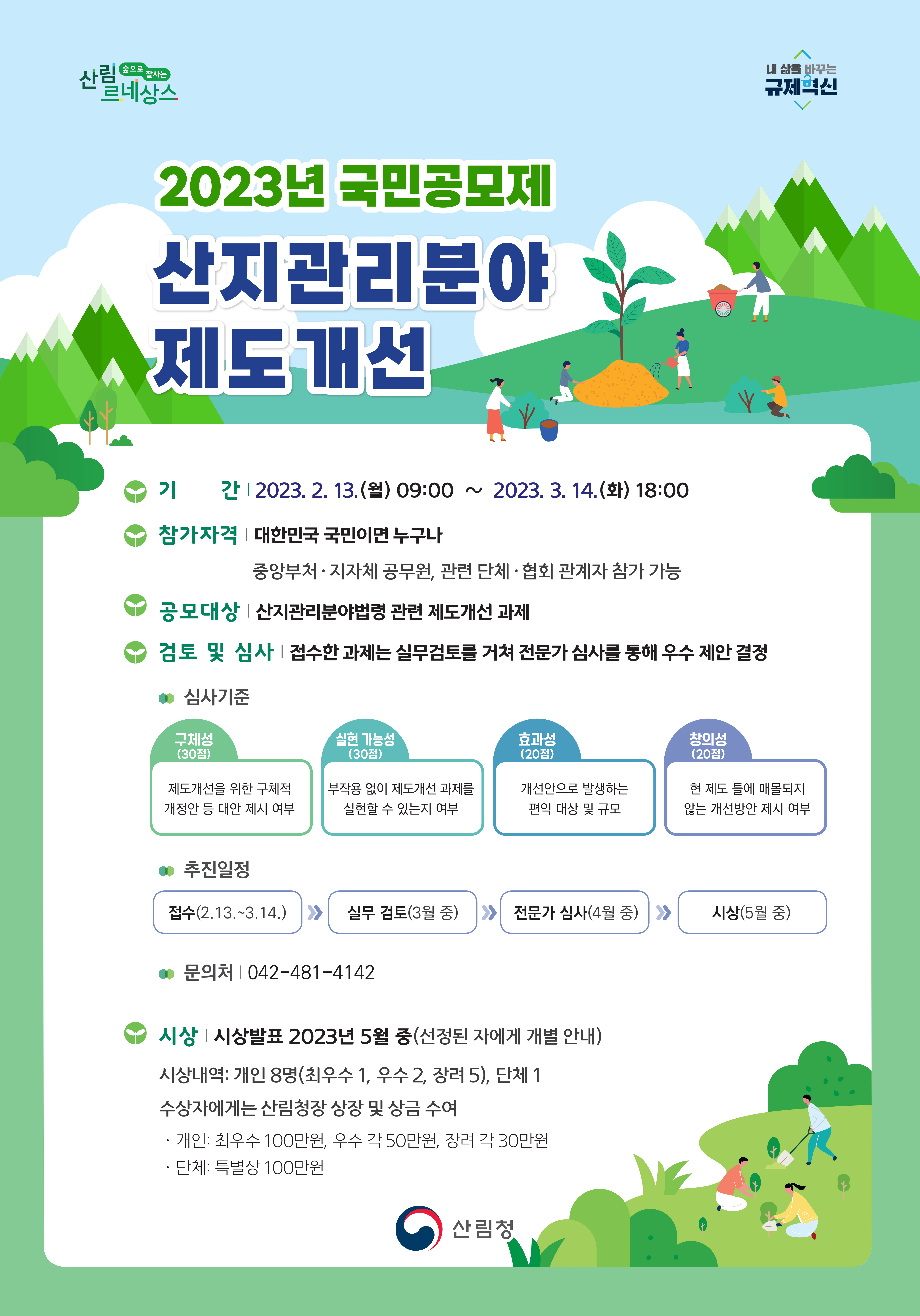 2023년 국민공모제는 산지관리 분야의 제도개선을 위한 과제를 모집하는 행사로, 참가 자격은 대한민국 국민 누구나 가능하며, 중앙부처 및 지자체 공무원과 관련 단체 관계자도 참여 가능. 접수 기간은 2023년 2월 13일부터 3월 14일까지이며, 제출된 과제는 실무 검토와 전문가 심사를 거쳐 우수 제안이 선정됨. 심사 기준은 구체성, 실현 가능성, 효과성, 창의성으로 나뉘며, 시상은 5월 중에 이루어지고, 개인과 단체에게 상장과 상금이 수여됨.