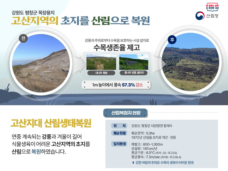 강원도 평창군 대관령면 횡계리의 고산지역 초지를 산림으로 복원하는 사업이 진행됨. 훼손 면적은 5.0ha로, 강풍과 긴 겨울로 인해 1972년 산림이 초지로 전용됨. 해발 800~1,000m의 입지환경에서 평균기온 6.5°C, 강설량 187cm, 평균풍속 7.3m/sec로 수목 생육이 어려운 조건. 대나무 통발과 통나무 방풍 울타리 설치로 풍속 57.3% 감소, 수목 생존율 제고 기대.