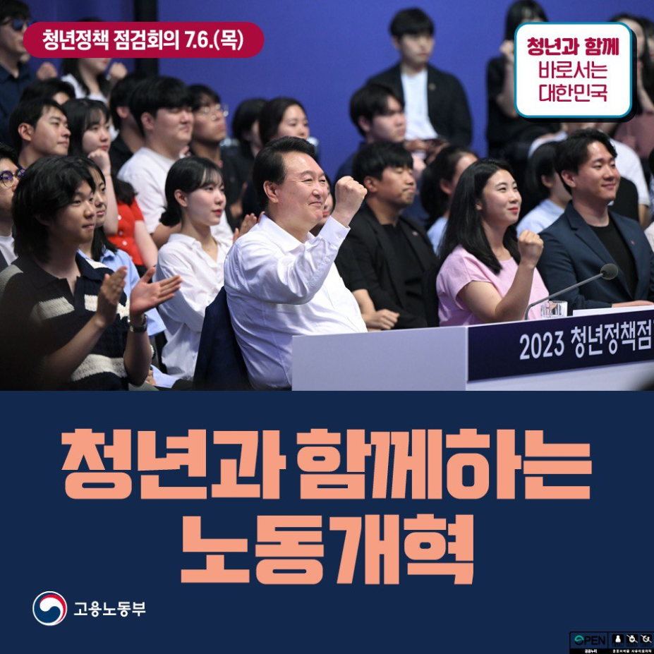 청년정책 점검회의가 7월 6일에 개최됨. 청년과 함께하는 대한민국의 2023 청년정책 점검이 이루어짐. 청년과 함께하는 노동개혁이 주요 주제로 다뤄짐. 고용노동부의 참여와 함께 OPEN 및 공공누리 관련 내용도 포함됨. 청년의 목소리를 반영한 정책 방향성 논의가 필요함.