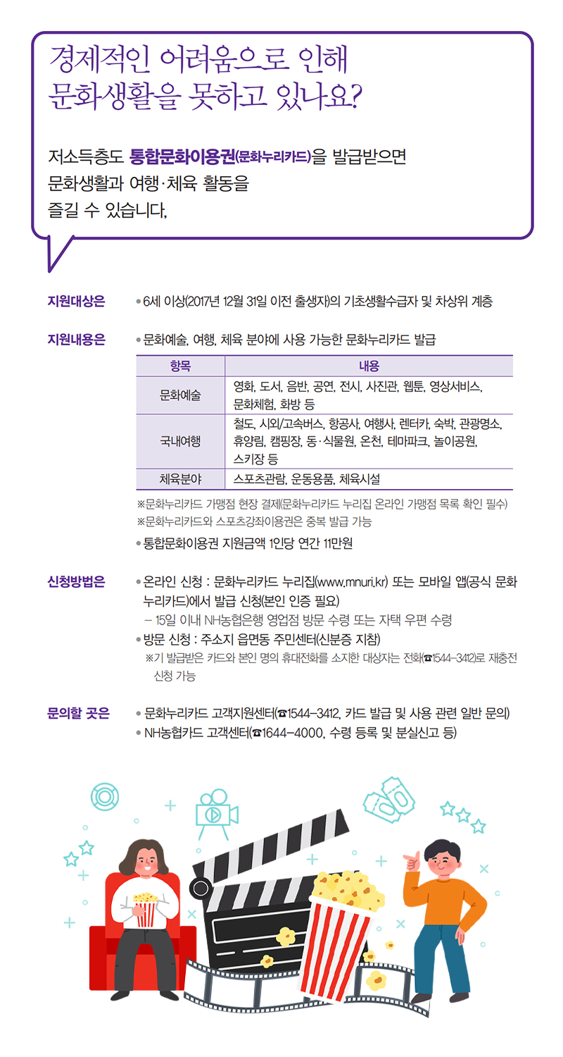 경제적 어려움으로 문화생활이 힘든 저소득층을 위한 통합문화이용권(문화누리카드) 발급 안내. 지원대상은 6세 이상 기초생활수급자 및 차상위 계층. 문화예술, 여행, 체육 분야에서 사용 가능. 연간 지원금액 11만원. 온라인 신청은 문화누리카드 누리집 또는 모바일 앱에서 가능, 방문 신청은 주민센터에서. 카드 재충전은 전화로 가능. 고객지원센터와 NH농협카드 고객센터 연락처 제공. 경제적 어려움으로 문화생활이 힘든 저소득층을 위한 통합문화이용권(문화누리카드) 발급 안내. 지원대상은 6세 이상 기초생활수급자 및 차상위 계층. 문화예술, 여행, 체육 분야에서 사용 가능. 연간 지원금액 11만원. 온라인 신청은 문화누리카드 누리집 또는 모바일 앱에서 가능, 방문 신청은 주민센터에서. 카드 재충전은 전화로 가능. 고객지원센터와 NH농협카드 고객센터 연락처 제공.
