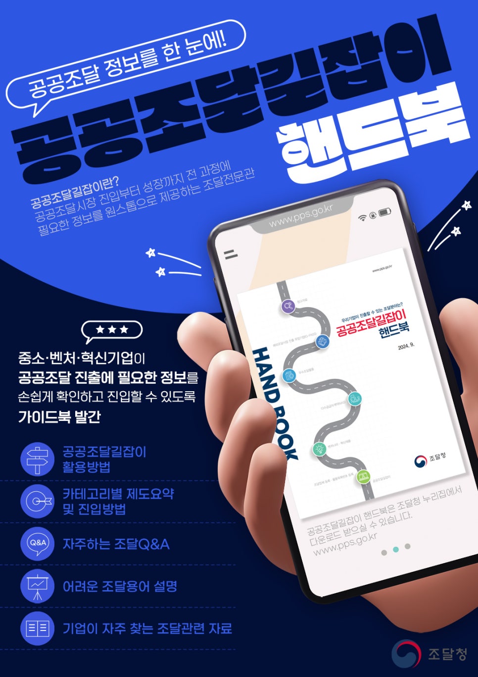 공공조달길잡이는 중소·벤처·혁신기업이 공공조달시장에 진입하고 성장하는 데 필요한 정보를 원스톱으로 제공하는 조달전문관. 핸드북을 통해 공공조달 진출에 필요한 정보를 쉽게 확인할 수 있도록 가이드북 발간. 조달청 누리집에서 다운로드 가능하며, 자주하는 조달 Q&A와 어려운 조달용어 설명 포함. 기업이 진출할 수 있는 조달 분야에 대한 정보 제공.