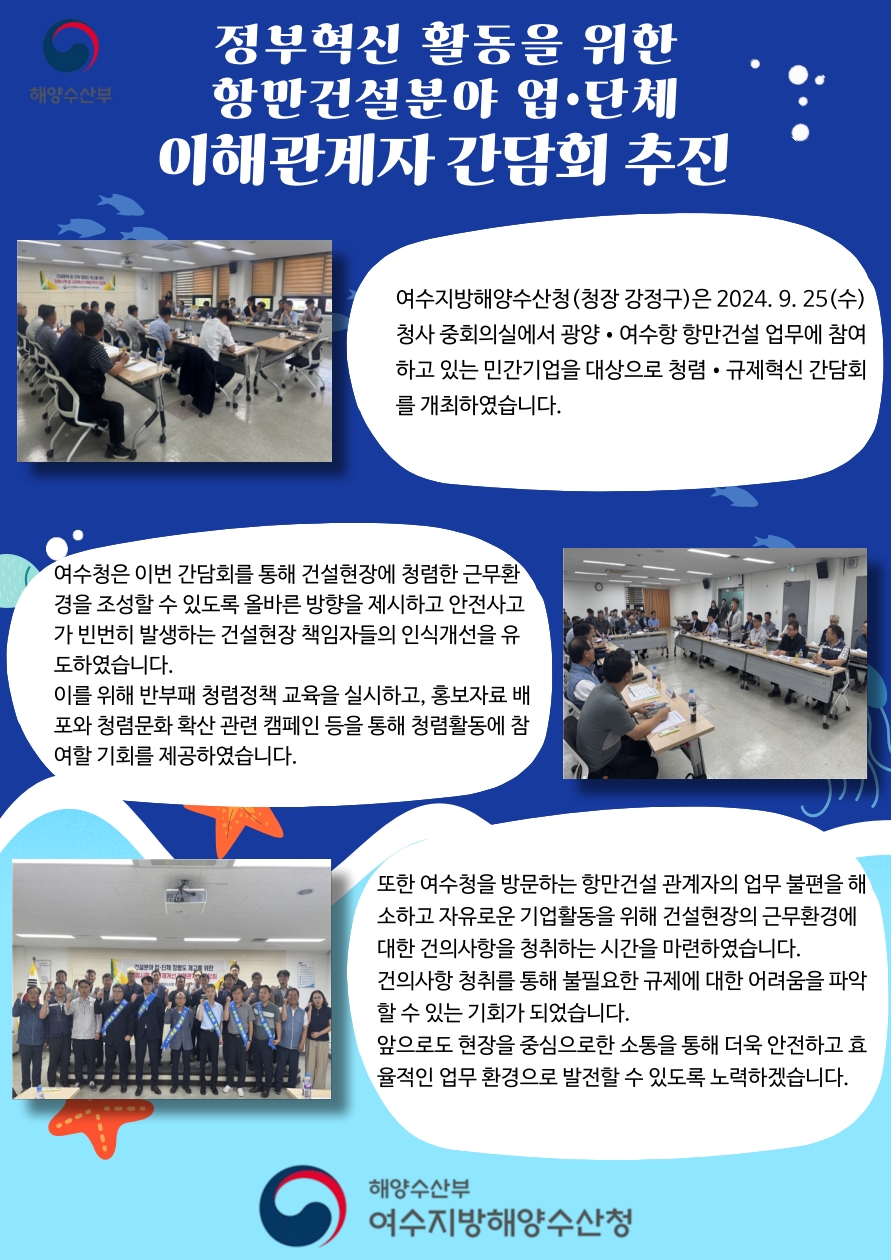 여수지방해양수산청은 2024년 9월 25일 청사 중회의실에서 광양·여수항 항만건설 관련 민간기업을 대상으로 청렴·규제혁신 간담회를 개최함. 간담회를 통해 건설현장의 청렴한 근무환경 조성과 안전사고 예방을 위한 인식 개선을 유도함. 반부패 청렴정책 교육과 홍보자료 배포, 청렴문화 확산 캠페인 등을 통해 청렴활동 참여 기회를 제공함. 또한, 항만건설 관계자의 건의사항을 청취하여 불필요한 규제 문제를 파악하는 기회를 마련함. 현장 중심 소통을 통해 안전하고 효율적인 업무 환경 발전을 위한 노력을 지속함.